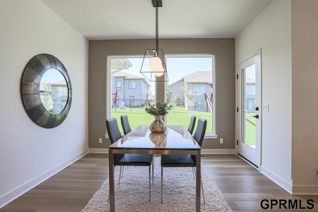 dining space with dark hardwood / wood-style floors