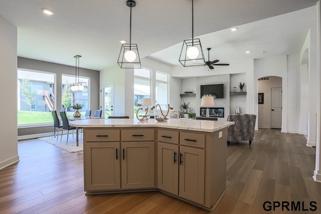 kitchen with plenty of natural light, dark hardwood / wood-style floors, an island with sink, and hanging light fixtures