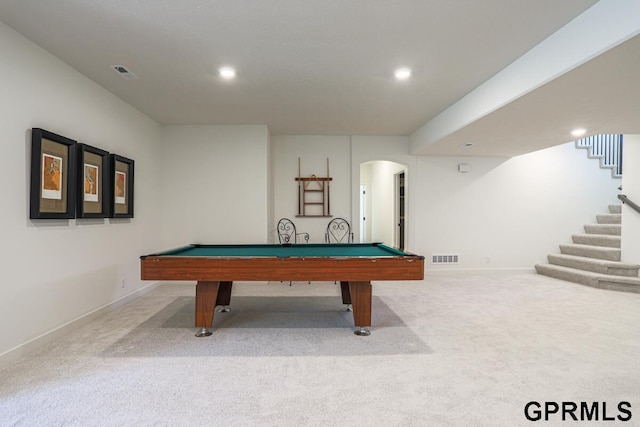 recreation room with light carpet and billiards