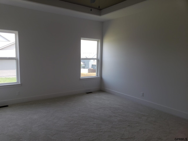 unfurnished room featuring a tray ceiling, ceiling fan, and carpet floors