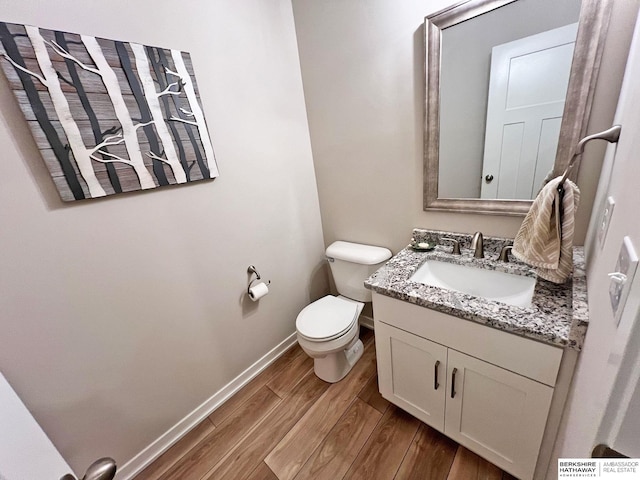 bathroom featuring vanity, wood-type flooring, and toilet