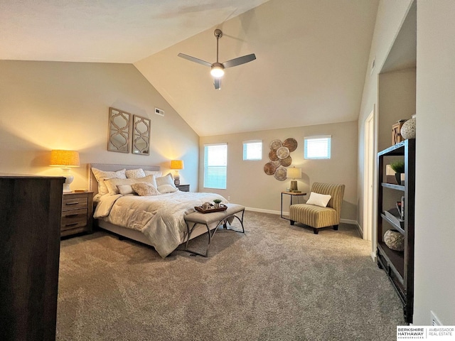 carpeted bedroom featuring ceiling fan and lofted ceiling