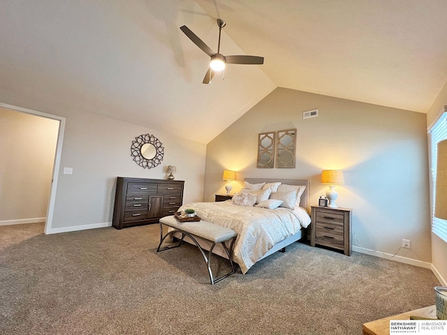 carpeted bedroom with ceiling fan and lofted ceiling