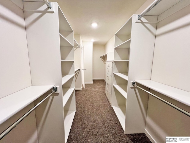 spacious closet featuring dark carpet