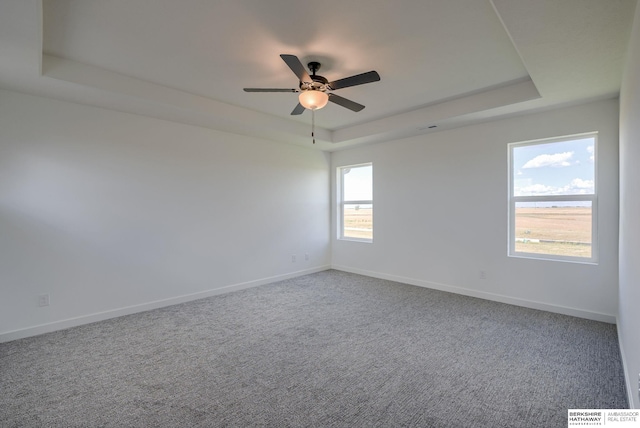 unfurnished room with a tray ceiling, ceiling fan, and carpet flooring