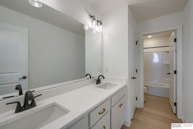 bathroom with vanity, wood-type flooring, and toilet