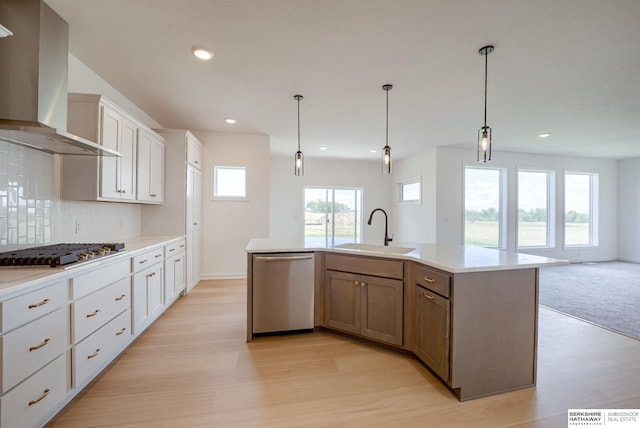 kitchen with white cabinetry, sink, wall chimney exhaust hood, stainless steel appliances, and a center island with sink