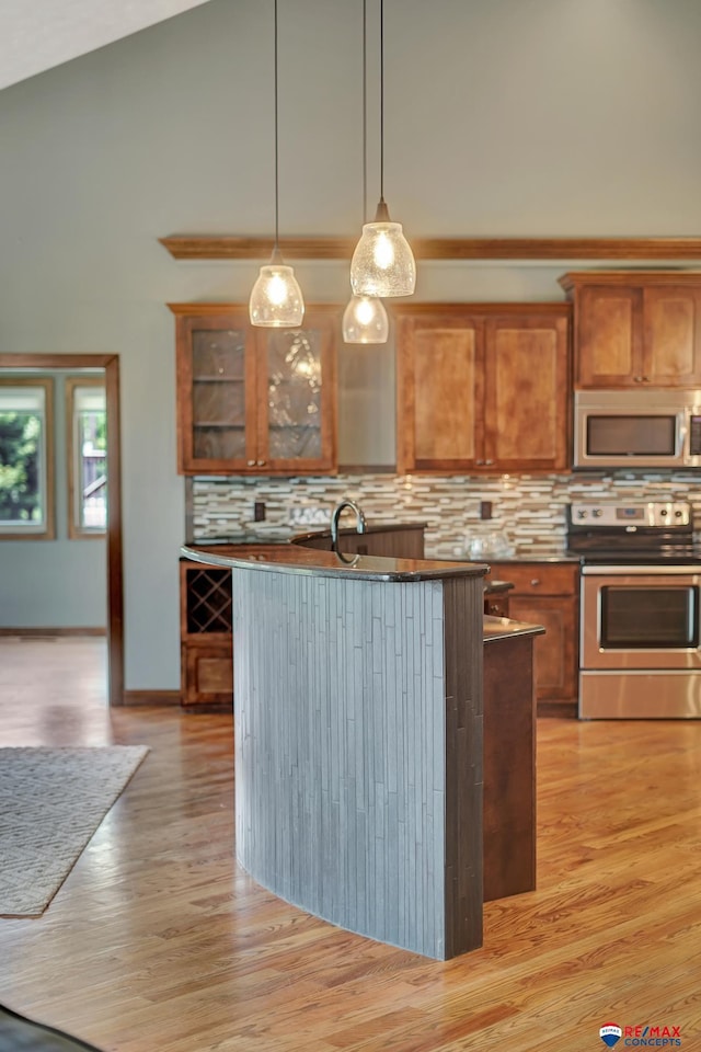 kitchen featuring light wood-type flooring, hanging light fixtures, appliances with stainless steel finishes, and tasteful backsplash