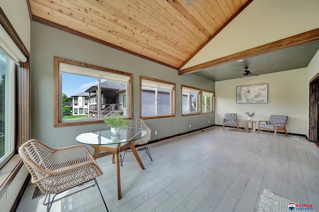 sunroom / solarium with ceiling fan, wood ceiling, and vaulted ceiling