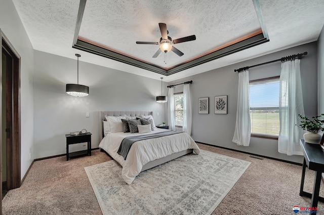 bedroom featuring a textured ceiling, light colored carpet, and a raised ceiling