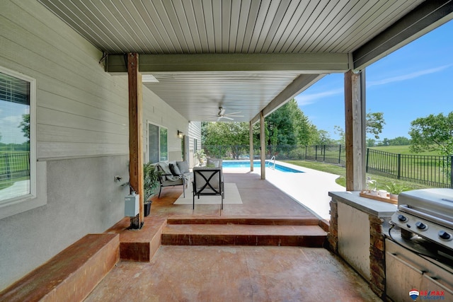 view of patio featuring a fenced in pool, a grill, and ceiling fan