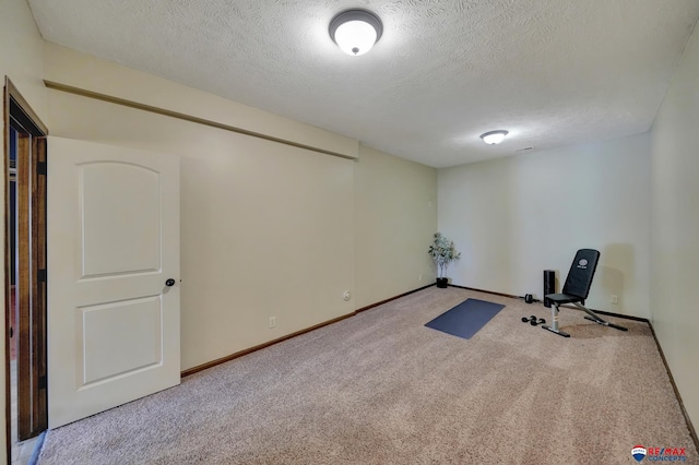 workout area with carpet flooring and a textured ceiling