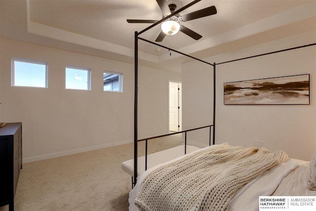 bedroom featuring a raised ceiling, ceiling fan, and carpet floors