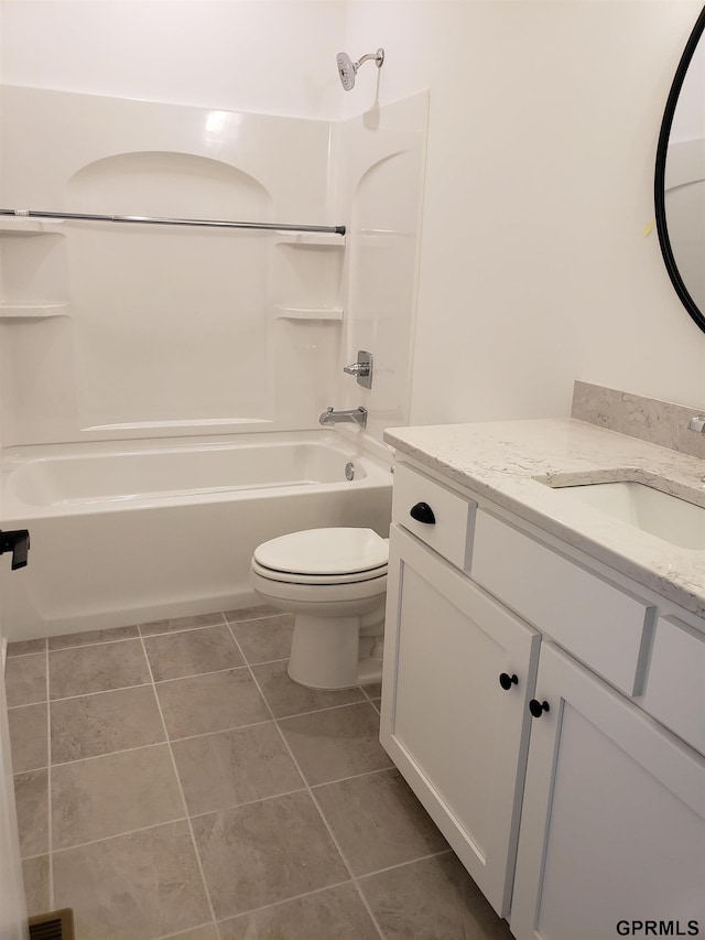 full bathroom with toilet,  shower combination, tile patterned flooring, and vanity