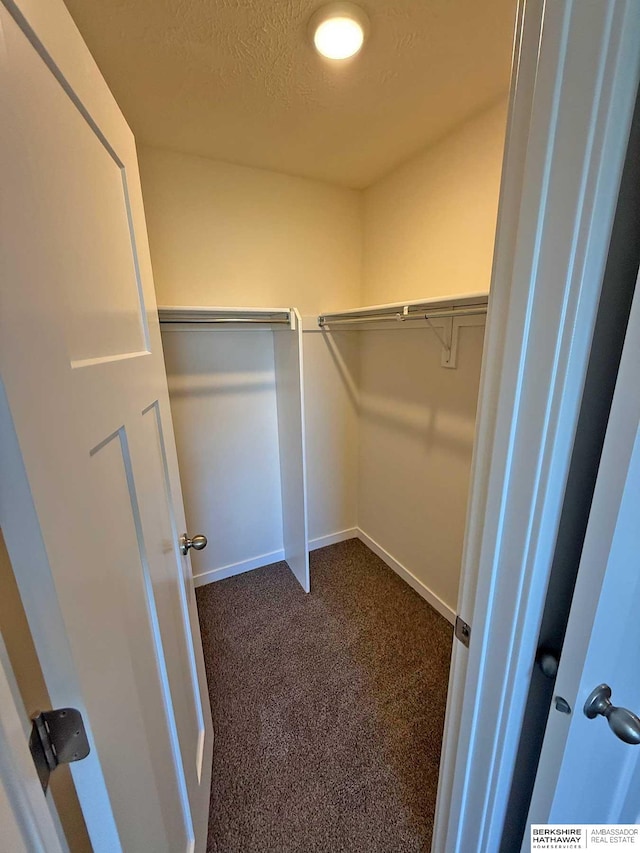 spacious closet featuring dark colored carpet