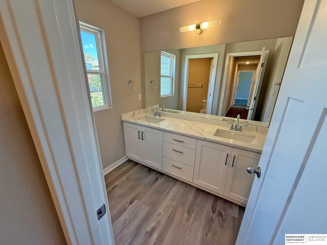 bathroom featuring vanity, hardwood / wood-style flooring, and toilet