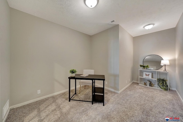 office area with a textured ceiling and light colored carpet