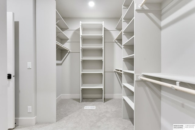 walk in closet with light colored carpet