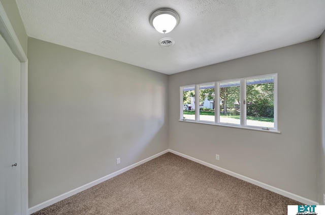 carpeted empty room featuring a textured ceiling