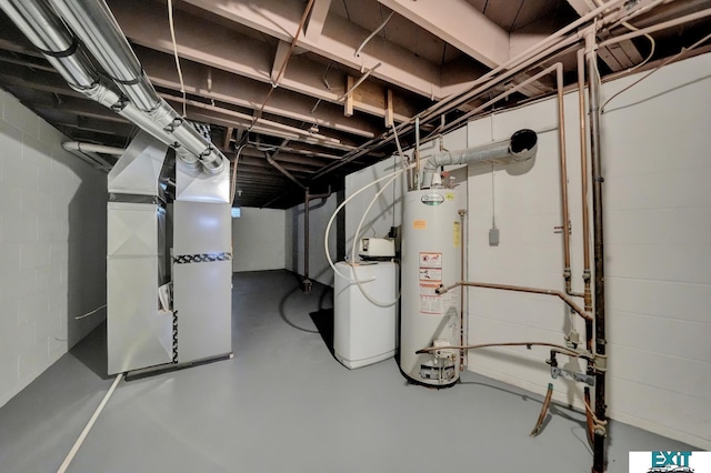 basement featuring gas water heater and heating unit