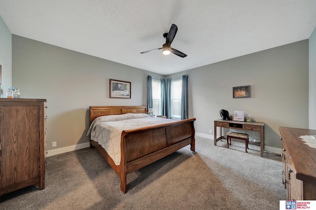 bedroom featuring dark carpet and ceiling fan