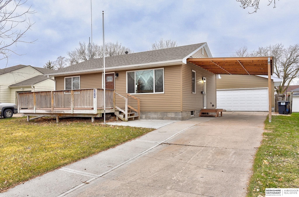 ranch-style house featuring a wooden deck, a front lawn, and a carport