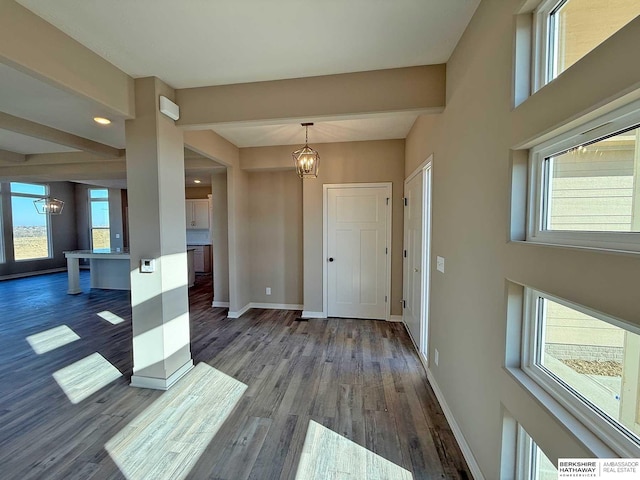 interior space with a wealth of natural light, dark wood-type flooring, and a notable chandelier