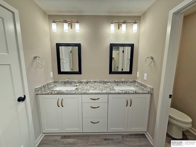 bathroom with hardwood / wood-style floors, vanity, and toilet