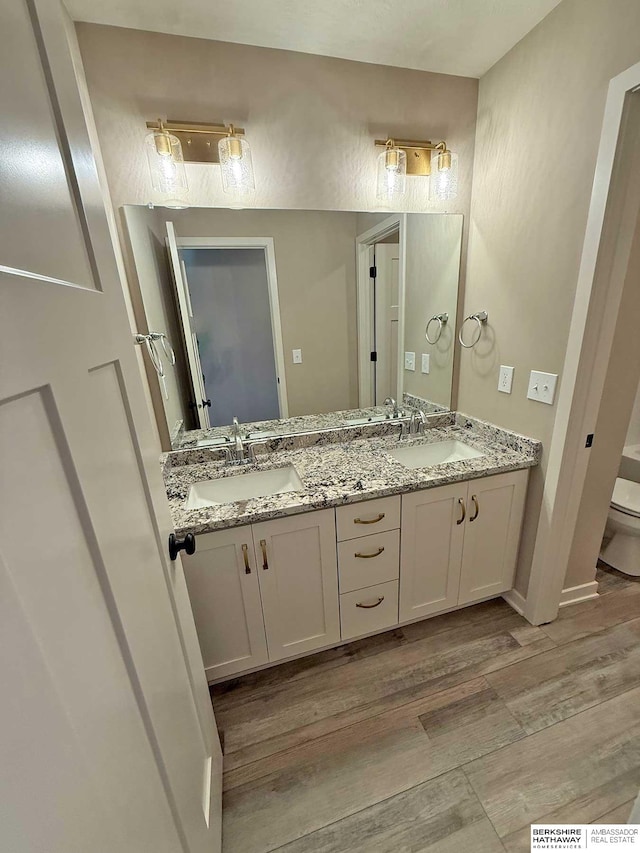 bathroom with hardwood / wood-style floors, vanity, and toilet