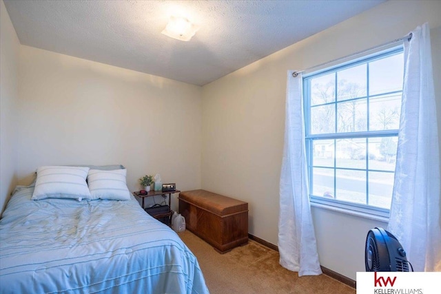 bedroom with carpet flooring and a textured ceiling