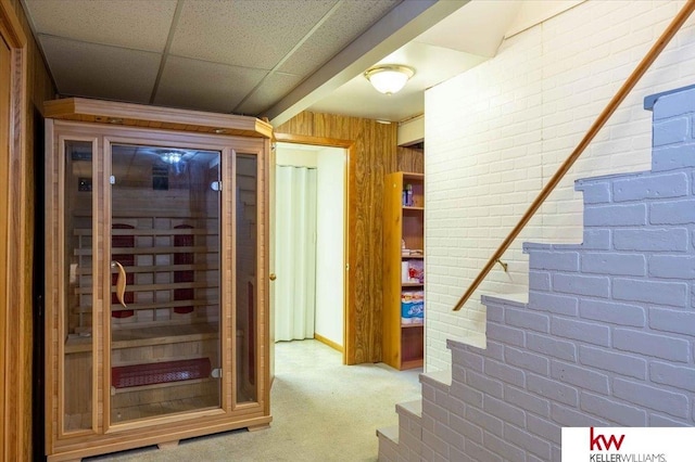 interior space featuring carpet, a drop ceiling, and wooden walls