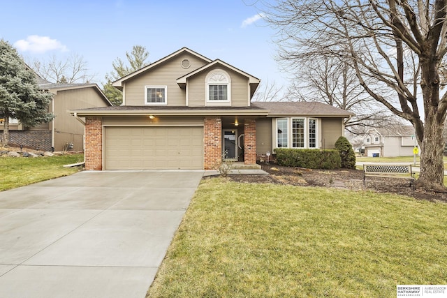 view of front of property with a garage and a front lawn