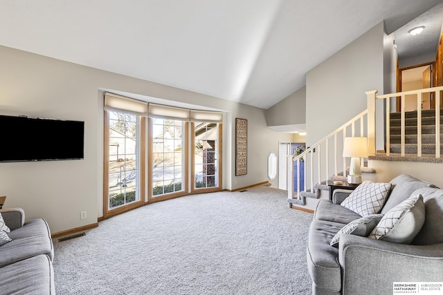 carpeted living room with lofted ceiling and a wealth of natural light