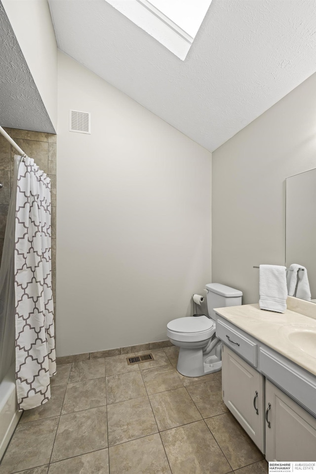 full bathroom with toilet, a textured ceiling, vaulted ceiling, shower / bath combination with curtain, and vanity