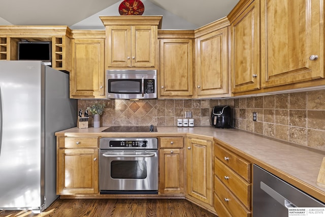 kitchen with stainless steel appliances, wine cooler, tasteful backsplash, and dark wood-type flooring