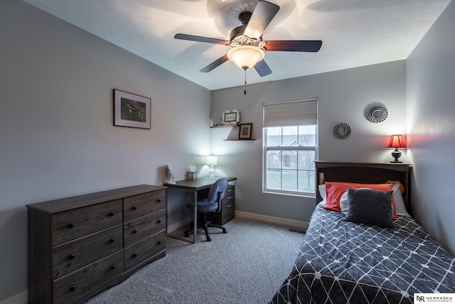 carpeted bedroom with ceiling fan