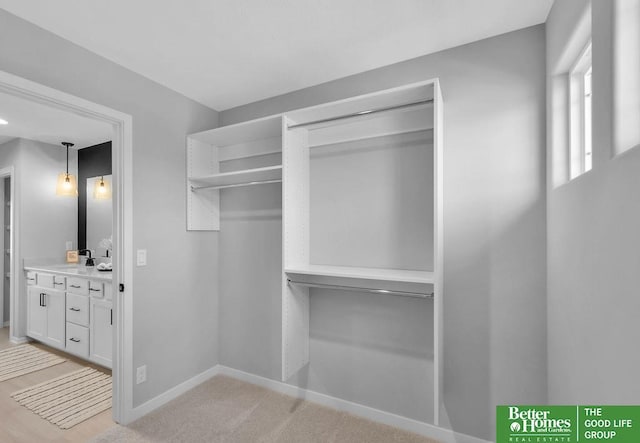 spacious closet with light carpet and sink