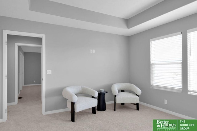 sitting room featuring light colored carpet and a raised ceiling