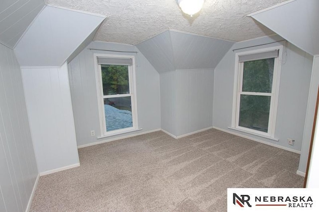 bonus room with vaulted ceiling, light colored carpet, and a textured ceiling