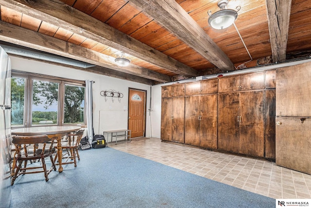 misc room featuring beam ceiling and wood ceiling