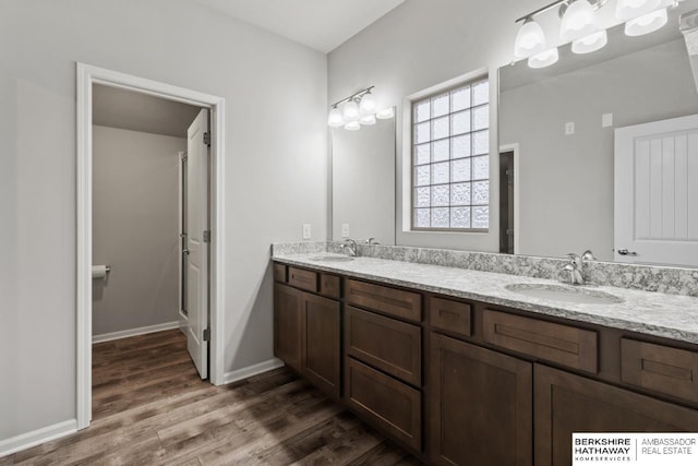 bathroom with hardwood / wood-style floors and vanity