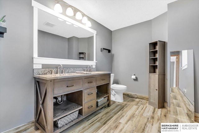 bathroom with hardwood / wood-style floors, vanity, and toilet