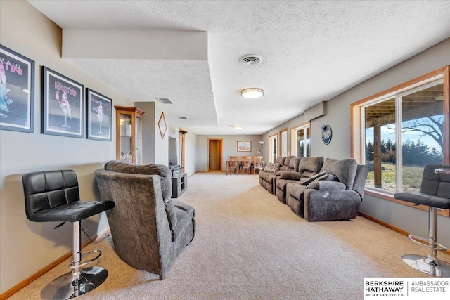 living room with a textured ceiling and light carpet