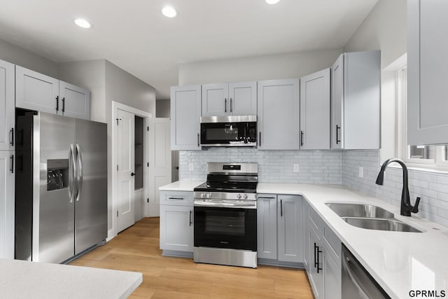 kitchen featuring gray cabinetry, backsplash, sink, appliances with stainless steel finishes, and light hardwood / wood-style floors