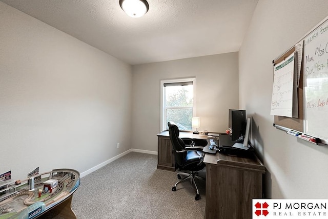 home office with a textured ceiling and light colored carpet