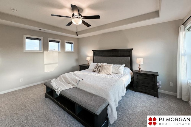 bedroom with multiple windows, a raised ceiling, and ceiling fan