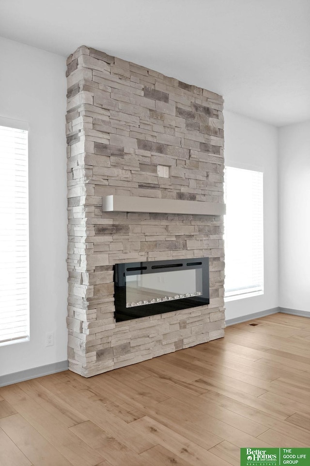 details featuring hardwood / wood-style flooring and a fireplace