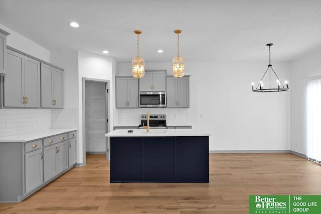 kitchen with decorative backsplash, gray cabinets, hanging light fixtures, and appliances with stainless steel finishes