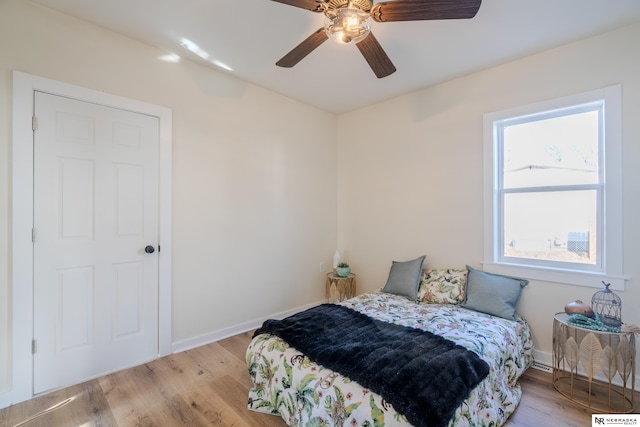 bedroom with ceiling fan, light hardwood / wood-style flooring, and multiple windows