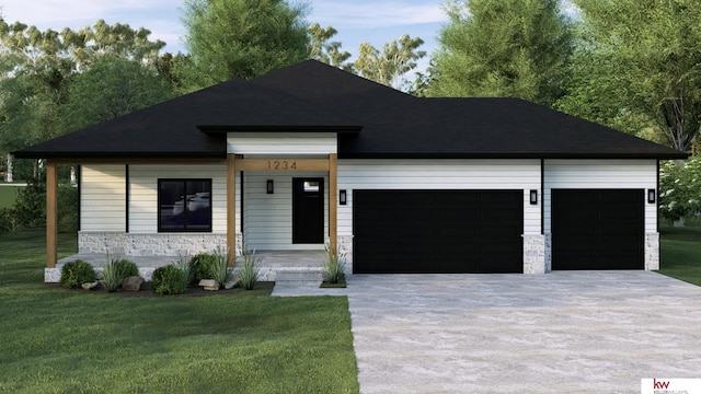 view of front of house with a porch, a garage, and a front lawn